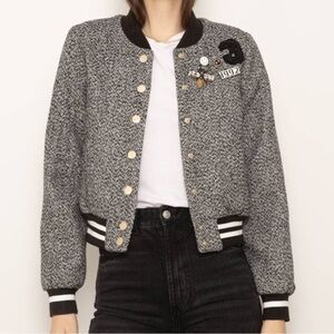 Central Park West Wool Blend Varsity Jacket, M – Embellished Bee & Smiley Pins